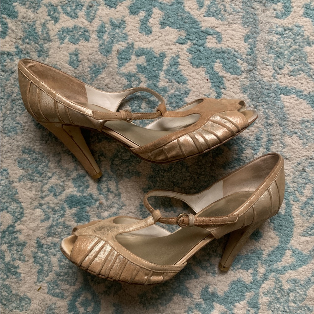 Vintage gold low t-strap heels